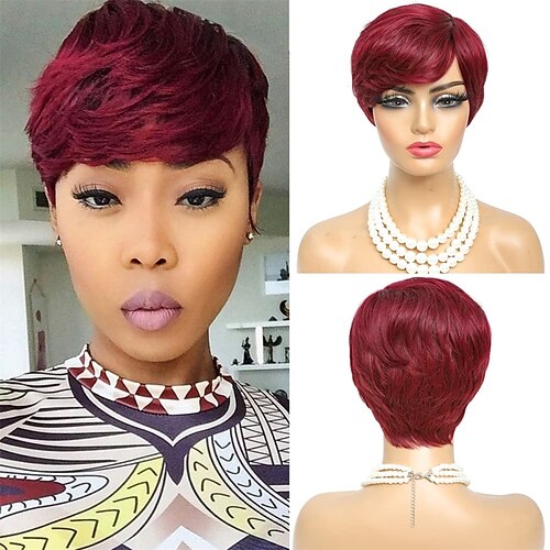 99j pixie cut menneskehår kort lag parykker til kvinder højre side langt pandehår bølget frisure maskine lavet paryk mørk bordeaux rød farve
99j pixie cut menneskehår kort lag parykker til kvinder højre side langt pandehår bølget frisure maskine lavet paryk mørk bordeaux rød farve