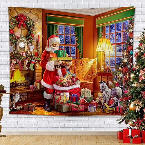 

Рождество Санта-Клаус праздник вечеринка большая стена гобелен искусство декор фото фон занавес висит дома спальня гостиная украшения рождественская елка снеговик лось снежинка свеча подарок камин