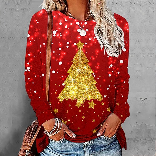 Women's T shirt Tee Green Blue Purple Christmas Tree Print Long Sleeve Christmas Weekend Basic Round Neck Regular Floral Painting S
Women's T shirt Tee Green Blue Purple Christmas Tree Print Long Sleeve Christmas Weekend Basic Round Neck Regular Floral Painting S