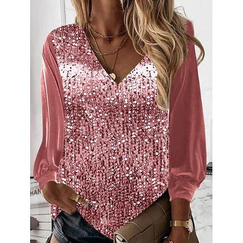 

Women's Shirt Blouse Silvery Pink Blue Plain Sequins Long Sleeve Casual Basic V Neck