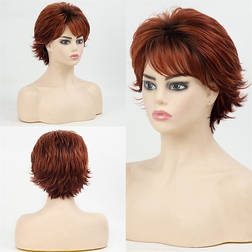 

Short Ombre Copper Pixie Layered Synthetic Hair Wig with Bangs Copper Mixed Auburn Curly Wigs for White Women Natural Fluffy Short Wavy Wig