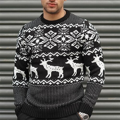

Men's Sweater Ugly Christmas Sweater Pullover Sweater Jumper Ribbed Knit Cropped Knitted Elk Crew Neck Keep Warm Modern Contemporary Christmas Work Clothing Apparel Fall & Winter Black Red S M L
