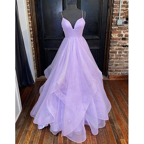 

Ball Gown A-Line Prom Dresses Sparkle & Shine Dress Formal Floor Length Sleeveless Sweetheart Neckline Tulle Backless with Pleats Ruffles 2022