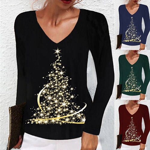 Women's T shirt Tee Green Blue Wine Christmas Tree Print Long Sleeve Christmas Weekend Basic V Neck Regular Floral Painting S
Women's T shirt Tee Green Blue Wine Christmas Tree Print Long Sleeve Christmas Weekend Basic V Neck Regular Floral Painting S