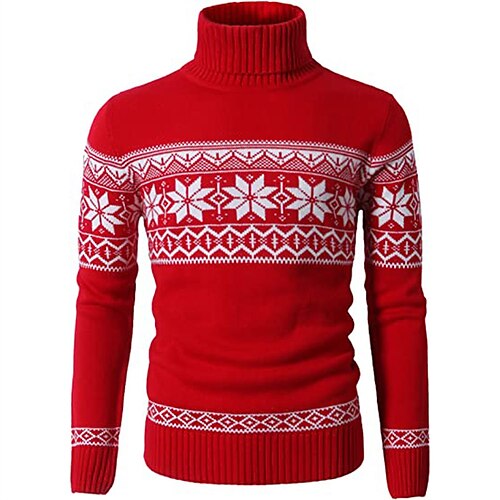 

Men's Sweater Ugly Christmas Sweater Pullover Sweater Jumper Ribbed Knit Cropped Knitted Snowflake Turtleneck Keep Warm Modern Contemporary Christmas Work Clothing Apparel Fall & Winter Black Red S M