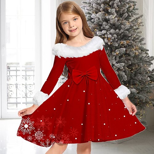 

Рождественское детское платье для девочек, снежинка с длинным рукавом, рождественские подарки, повседневная меховая отделка с круглым вырезом, очаровательное повседневное платье из полиэстера выше колена, свободное платье трапециевидного силуэта, осень-зи