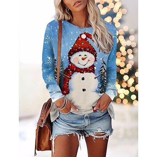 Women's T shirt Tee Blue Snowman Print Long Sleeve Christmas Weekend Basic Round Neck Regular Painting S
Women's T shirt Tee Blue Snowman Print Long Sleeve Christmas Weekend Basic Round Neck Regular Painting S