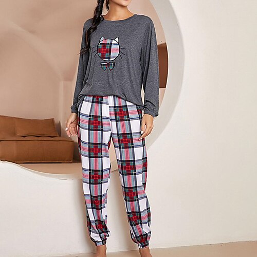 Women's Christmas Loungewear Sets Cat Grid / Plaid Simple Casual Comfort Home Christmas Daily Rayon Breathable Crew Neck Long Sleeve T shirt Tee Pant Embroidery Winter Fall Gray
Women's Christmas Loungewear Sets Cat Grid / Plaid Simple Casual Comfort Home Christmas Daily Rayon Breathable Crew Neck Long Sleeve T shirt Tee Pant Embroidery Winter Fall Gray