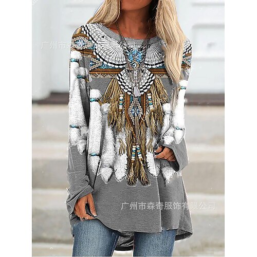 Women's T shirt Tee Blue Gray Feather Print Long Sleeve Daily Weekend Basic Ethnic Round Neck Long Painting S
Women's T shirt Tee Blue Gray Feather Print Long Sleeve Daily Weekend Basic Ethnic Round Neck Long Painting S