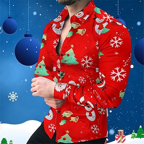 

Men's Shirt Santa Claus Snowman Graphic Prints Snowflake Turndown Green Black Red 3D Print Christmas Street Long Sleeve Button-Down Print Clothing Apparel Fashion Designer Casual Soft