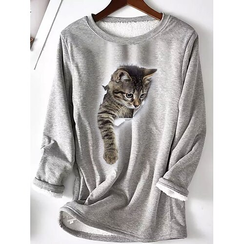 

Women's Sweatshirt Pullover Basic Coral Rouge Silver Cat Casual Round Neck Long Sleeve S M L XL 2XL 3XL