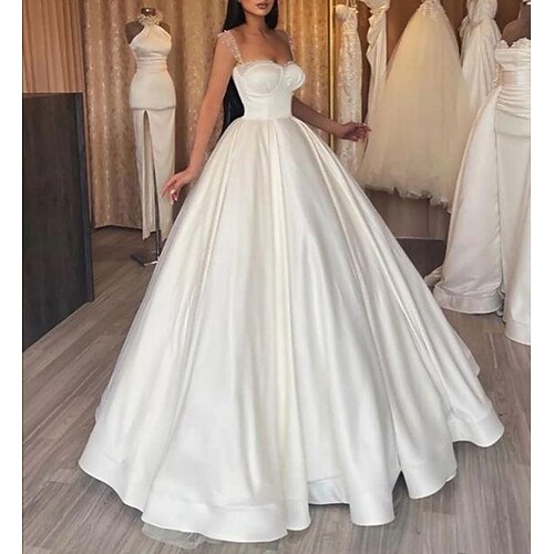 Ball Gown Wedding Dresses Spaghetti Strap Floor Length Satin Sleeveless Formal Sexy with Pleats Solid Color 2022
Ball Gown Wedding Dresses Spaghetti Strap Floor Length Satin Sleeveless Formal Sexy with Pleats Solid Color 2022