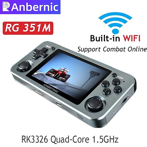 

RG351M Handheld Game Console WiFi Function, Linux System RK3326 Chip 64G TF Card 2500 Classic Games 3.5 Inch IPS Screen 3500mAh Battery