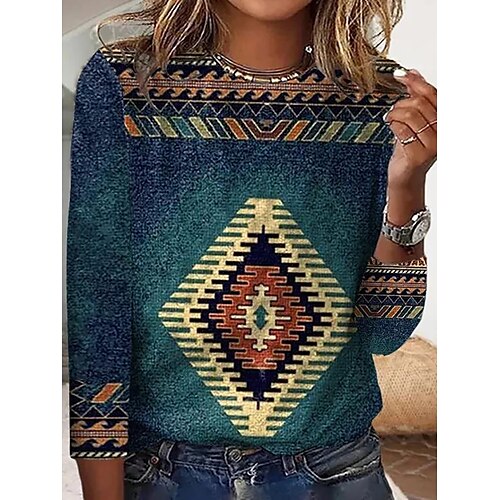 Women's T shirt Tee Green Khaki Geometric Print Long Sleeve Daily Weekend Ethnic Round Neck Regular Geometric Painting S
Women's T shirt Tee Green Khaki Geometric Print Long Sleeve Daily Weekend Ethnic Round Neck Regular Geometric Painting S