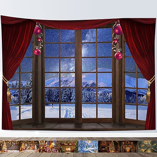 

Christmas Tapestry Wall Hanging Winter Snow Scene Outside Vintage Window Tapestries Red Christmas Balls New Year Wall Decor Blanket for Bedroom Living Room Holiday Party