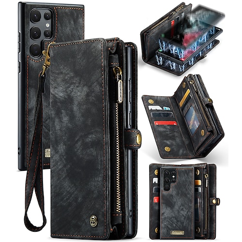 

Wallet Kickstand Case for Samsung Galaxy S22 S21 S20 Plus Ultra A72 A52 A32 5G Retro Handmade Leather 2 in 1 Detachable Flip Zipper Case with Card Slots and Magnetic Back Cover