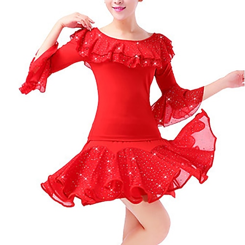 

Latin Dance Ballroom Dance Skirts Ruffles Pure Color Splicing Women's Performance Training Half Sleeve High Polyester
