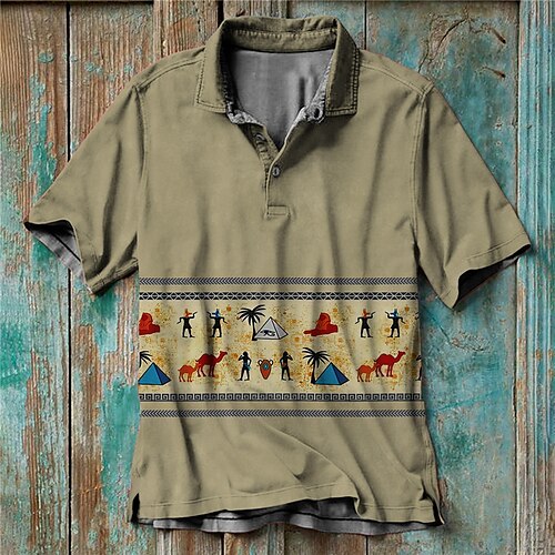 

Men's Polo Shirt Golf Shirt Tribal Graphic Prints Turndown Blue Khaki 3D Print Outdoor Street Short Sleeves Button-Down Print Clothing Apparel Vintage Fashion Designer Ethnic Style