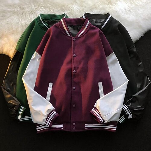 Men's Varsity Jacket Warm Daily Wear Vacation Going out Single Breasted Standing Collar Comfort Leisure Jacket Outerwear Color Block Button Pocket Black Purple Green
Men's Varsity Jacket Warm Daily Wear Vacation Going out Single Breasted Standing Collar Comfort Leisure Jacket Outerwear Color Block Button Pocket Black Purple Green