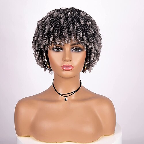 

Synthetic Wig Afro Curly Bouncy Curl Neat Bang Wig 10 inch Gray Synthetic Hair 10 inch Men's Classic Color Gradient Fluffy Dark Gray Mixed Color
