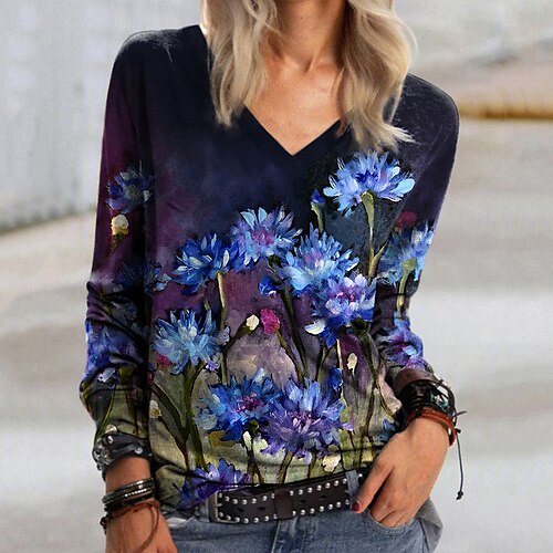 Women's T shirt Tee Black Floral Print Long Sleeve Holiday Weekend Basic V Neck Regular Floral Painting S
Women's T shirt Tee Black Floral Print Long Sleeve Holiday Weekend Basic V Neck Regular Floral Painting S
