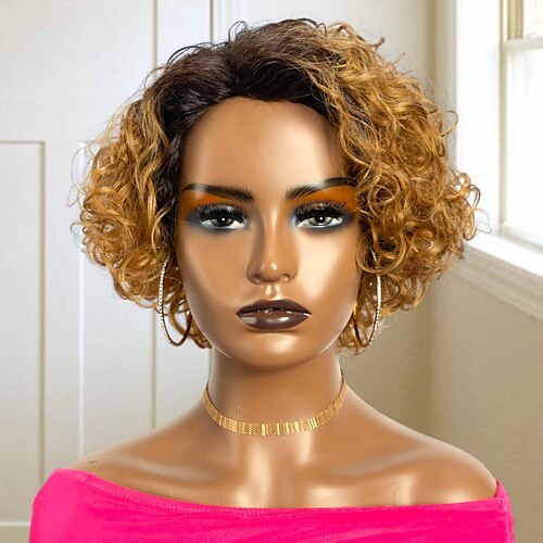 

Highlight Wig Human Hair Curly Bob Wig Short Pixie Cut Wig With Bangs Colored Human Hair Wigs Cheap Full Machine Wigs For Women