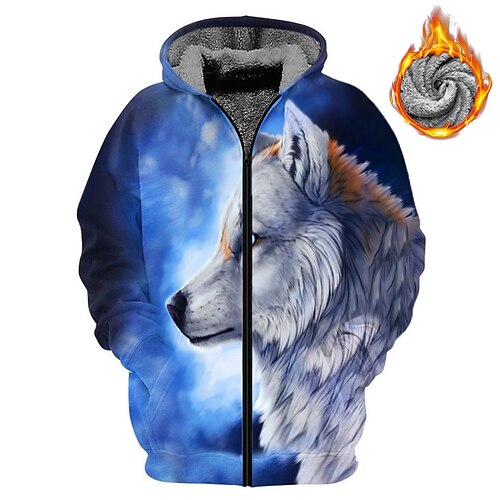 

Men's Fleece Jacket Full Zip Hoodie Fleece Hoodie Sherpa Jacket Blue Hooded Wolf Graphic Prints Zipper Print Sports & Outdoor Daily Sports 3D Print Fleece Streetwear Designer Casual Winter Clothing