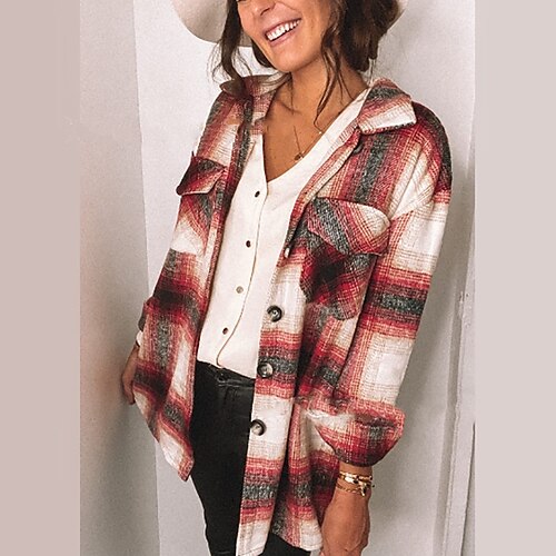 Women's Shacket Red Plaid Button Pocket Long Sleeve Casual Basic Shirt Collar Regular S
Women's Shacket Red Plaid Button Pocket Long Sleeve Casual Basic Shirt Collar Regular S