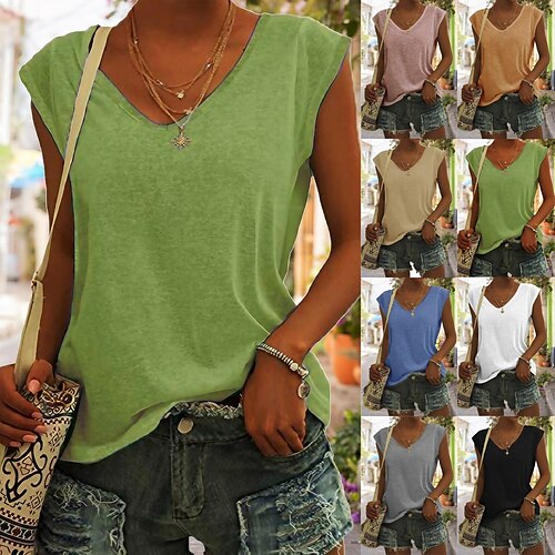 

Women's Blouse T shirt Tee Basic Plain Daily V Neck Sleeveless Regular Summer Green White Black Blue Pink