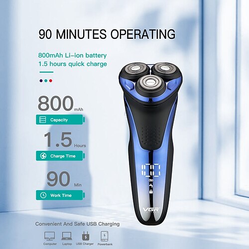 

VGR Electric Razor for Men USB Rechargeable 3D Rotary Men's Shaver Pop-up Beard Trimmer Grooming Kit IPX7-Waterproof Corded & Cordless Wet Dry Beard Shavers LED Display