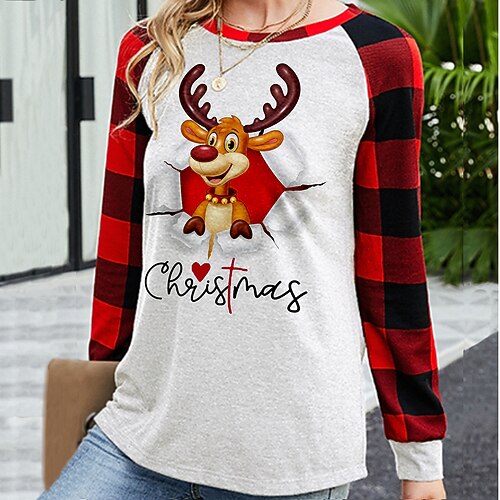 Women's T shirt Tee Black Gray White Plaid Reindeer Print Long Sleeve Christmas Weekend Basic Round Neck Regular Painting S
Women's T shirt Tee Black Gray White Plaid Reindeer Print Long Sleeve Christmas Weekend Basic Round Neck Regular Painting S