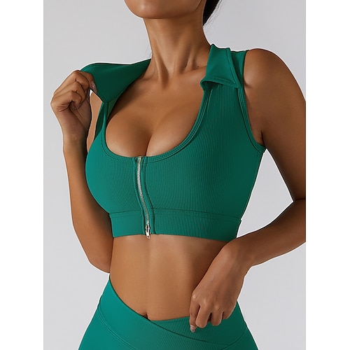 

Women's Scoop Neck Sports Bra Medium Support Zipper Solid Color Light Purple Green Spandex Yoga Fitness Gym Workout Sports Bra Sport Activewear Breathable Quick Dry Comfortable Stretchy Slim