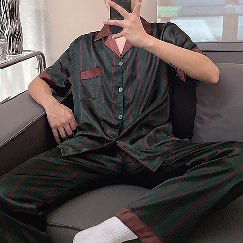 Men's Sleepwear Silk Pajama 2 Pieces Letter Stripe Simple Comfort Home Daily Faux Silk Breathable Lapel Short Sleeve Pant Pocket Fall Spring Green Blue
Men's Sleepwear Silk Pajama 2 Pieces Letter Stripe Simple Comfort Home Daily Faux Silk Breathable Lapel Short Sleeve Pant Pocket Fall Spring Green Blue