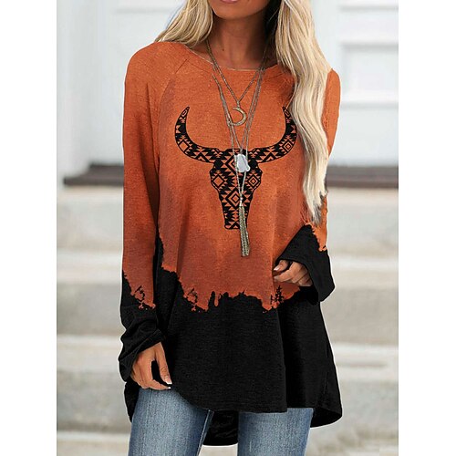 Women's T shirt Tee Orange red Cow Print Long Sleeve Daily Weekend Ethnic Round Neck Long Painting S
Women's T shirt Tee Orange red Cow Print Long Sleeve Daily Weekend Ethnic Round Neck Long Painting S