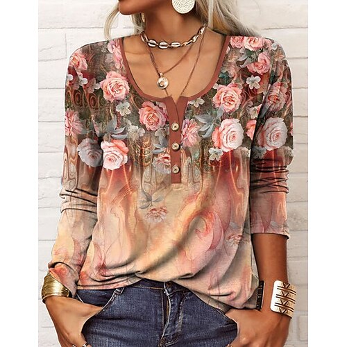 Women's T shirt Tee Pink Navy Blue Blue Floral Button Print Long Sleeve Holiday Weekend Basic Round Neck Regular Floral Painting S
Women's T shirt Tee Pink Navy Blue Blue Floral Button Print Long Sleeve Holiday Weekend Basic Round Neck Regular Floral Painting S
