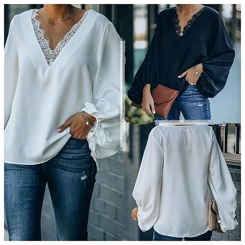 Women's Shirt Blouse Black White Plain Lace Trims Long Sleeve Casual Basic V Neck Regular S
Women's Shirt Blouse Black White Plain Lace Trims Long Sleeve Casual Basic V Neck Regular S