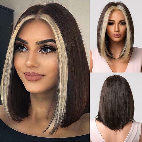bob paryk til kvinder brunt kort glat syntetisk hår med blonde highlights i midten
bob paryk til kvinder brunt kort glat syntetisk hår med blonde highlights i midten