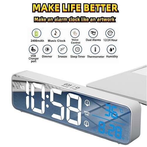 Music LED Digital Alarm Clock Temperature Date Display Desktop Mirror Clocks Home Table Decoration Voice Control 2400mAh Battery
Music LED Digital Alarm Clock Temperature Date Display Desktop Mirror Clocks Home Table Decoration Voice Control 2400mAh Battery