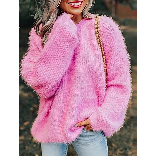 

Women's Pullover Sweater jumper Jumper Fuzzy Knit Solid Color Basic Casual Daily Date Winter Fall Green Fuchsia S M L / Wool Blend / Long Sleeve / Regular Fit / Going out