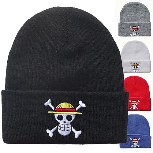 

One Piece Beanie Hats Knitted Cap Luffy Embroidered Skull Crossbones Warm Stretchable Anime Accessories Unisex