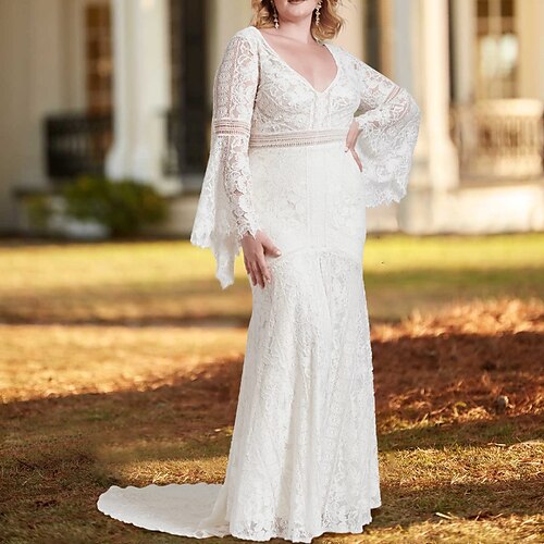 Strand / Destinasjon Plus Size Curve Bohem Bryllupskjoler Katedralen Train Havfrue Langermet V-hals Blonder Med Ensfarget 2023 Brudekjoler
Strand / Destinasjon Plus Size Curve Bohem Bryllupskjoler Katedralen Train Havfrue Langermet V-hals Blonder Med Ensfarget 2023 Brudekjoler