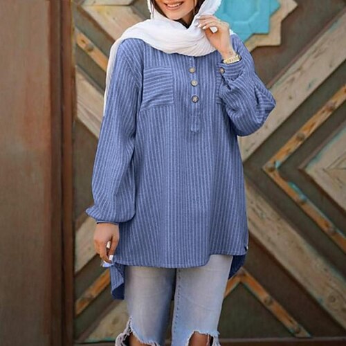 Women's Shirt Blouse Light Blue Black Blue Striped Pocket Print Long Sleeve Casual Basic Round Neck Long S
Women's Shirt Blouse Light Blue Black Blue Striped Pocket Print Long Sleeve Casual Basic Round Neck Long S