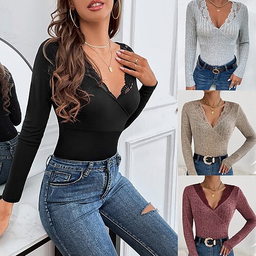 Women's Shirt Blouse Black Red khaki Plain Patchwork Lace Trims Long Sleeve Casual Basic V Neck Regular S
Women's Shirt Blouse Black Red khaki Plain Patchwork Lace Trims Long Sleeve Casual Basic V Neck Regular S