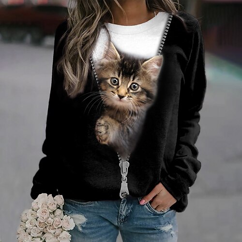 

Women's Plus Size Sweatshirt Pullover Cat Sports Basic Black Street Casual Round Neck Long Sleeve Top Micro-elastic Fall Winter