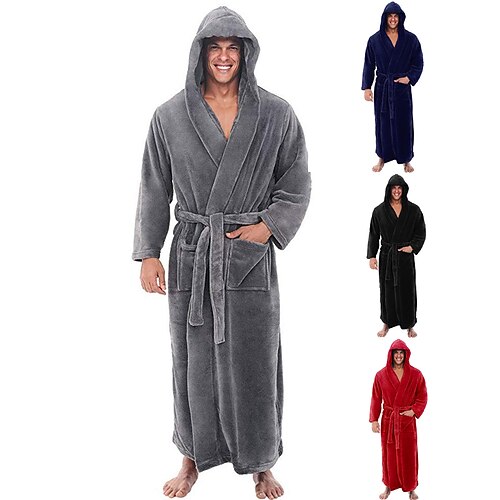 

Men's Plus Size Pajamas Robe Bathrobe Robes Gown Pure Color Stylish Casual Comfort Home Daily Flannel Comfort Warm Long Robe Pocket Winter Fall Black Red