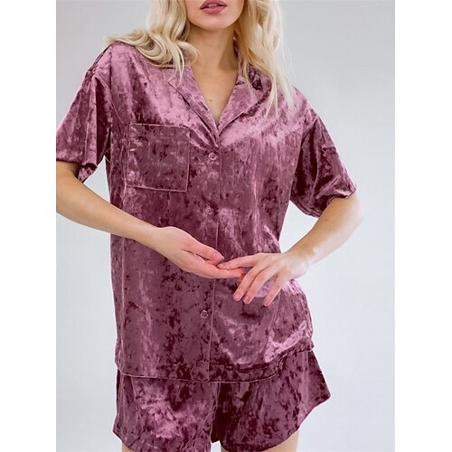 Dame Pyjamas Pyjamas top og bukser Sæt Ren farve Enkel Afslappet Komfort Hjem Daglig Seng Polyester Åndbart Knaphul Kortærmet Skjorte Shorts Knap Lomme Forår Sommer Sort Lilla
Dame Pyjamas Pyjamas top og bukser Sæt Ren farve Enkel Afslappet Komfort Hjem Daglig Seng Polyester Åndbart Knaphul Kortærmet Skjorte Shorts Knap Lomme Forår Sommer Sort Lilla