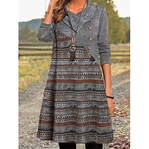 Dame Afslappet påklædning Etnisk kjole Print kjole Tribal Geometri Knap Trykt mønster Rullekrave Mini kjole Aktiv Mode udendørs Daglig 3/4-ærmer Løstsiddende Grå Efterår Vinter S M L XL
Dame Afslappet påklædning Etnisk kjole Print kjole Tribal Geometri Knap Trykt mønster Rullekrave Mini kjole Aktiv Mode udendørs Daglig 3/4-ærmer Løstsiddende Grå Efterår Vinter S M L XL