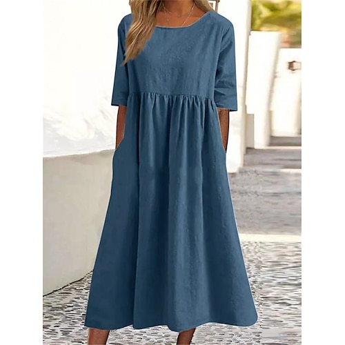 

Women's Casual Dress Cotton Dress Swing Dress Midi Dress Cotton Basic Casual Outdoor Daily Crew Neck Pocket Smocked Half Sleeve Spring Summer 2023 Loose Fit Black Blue Green Pure Color S M L XL 2XL