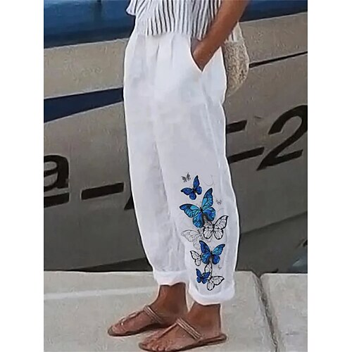 

Women's Linen Pants Linen Cotton Blend Butterfly White Red Casual Full Length Daily Streetwear Summer Spring