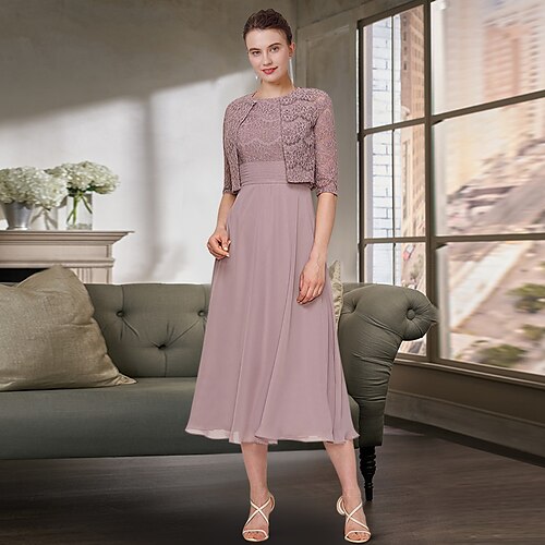 Todelt Kjole til brudens mor Bryllupsgjest Elegant Besmykket Te-lengde Chiffon Blonder Halvlange ermer med Ensfarget 2023
Todelt Kjole til brudens mor Bryllupsgjest Elegant Besmykket Te-lengde Chiffon Blonder Halvlange ermer med Ensfarget 2023